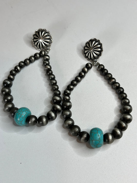Beaded Brushed Steel and Faux Turquoise // EARRINGS